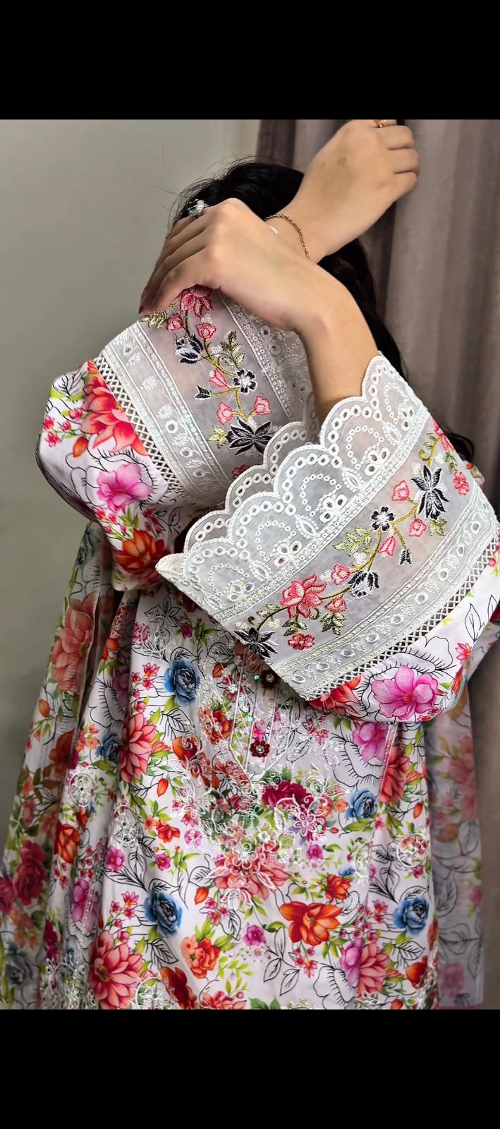 Premium Floral Embroidered 3-Piece Lawn Suit with Organza Lace & Printed Dupatta