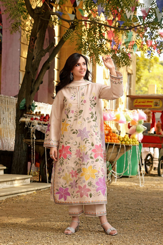 3-piece embroidered lawn suit for women with printed dupatta – front view"