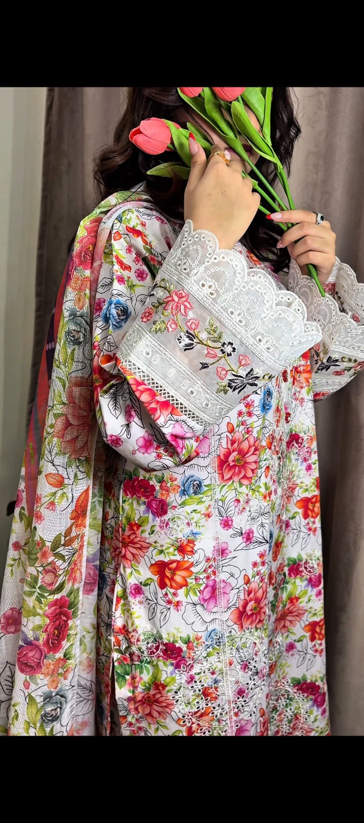 Premium Floral Embroidered 3-Piece Lawn Suit with Organza Lace & Printed Dupatta