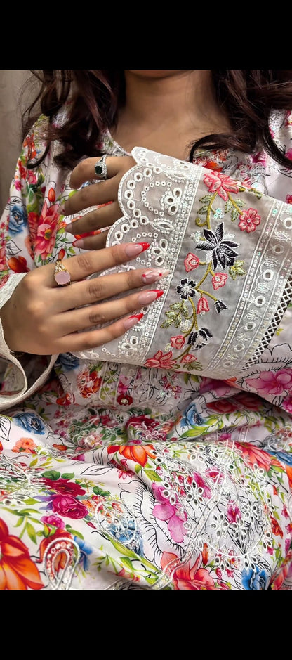 Premium Floral Embroidered 3-Piece Lawn Suit with Organza Lace & Printed Dupatta